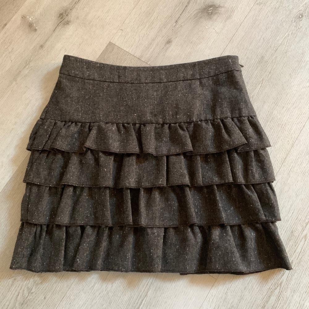 Ann Taylor LOFT Brown Tweed Wool Blend Tiered‎ Ruffle Mini Skirt Size 4